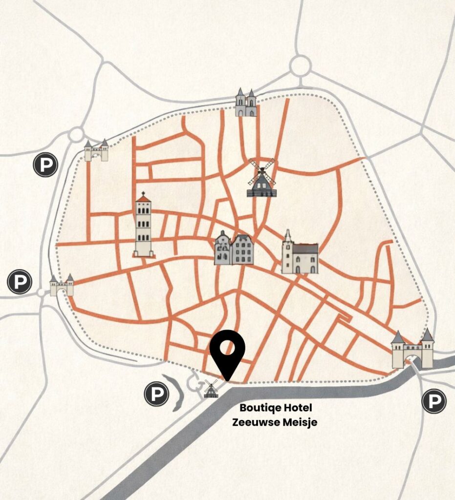 Map met de stad van zierikzee en locatie van Boutiwe Hotel Zeeuws Meisje centraal